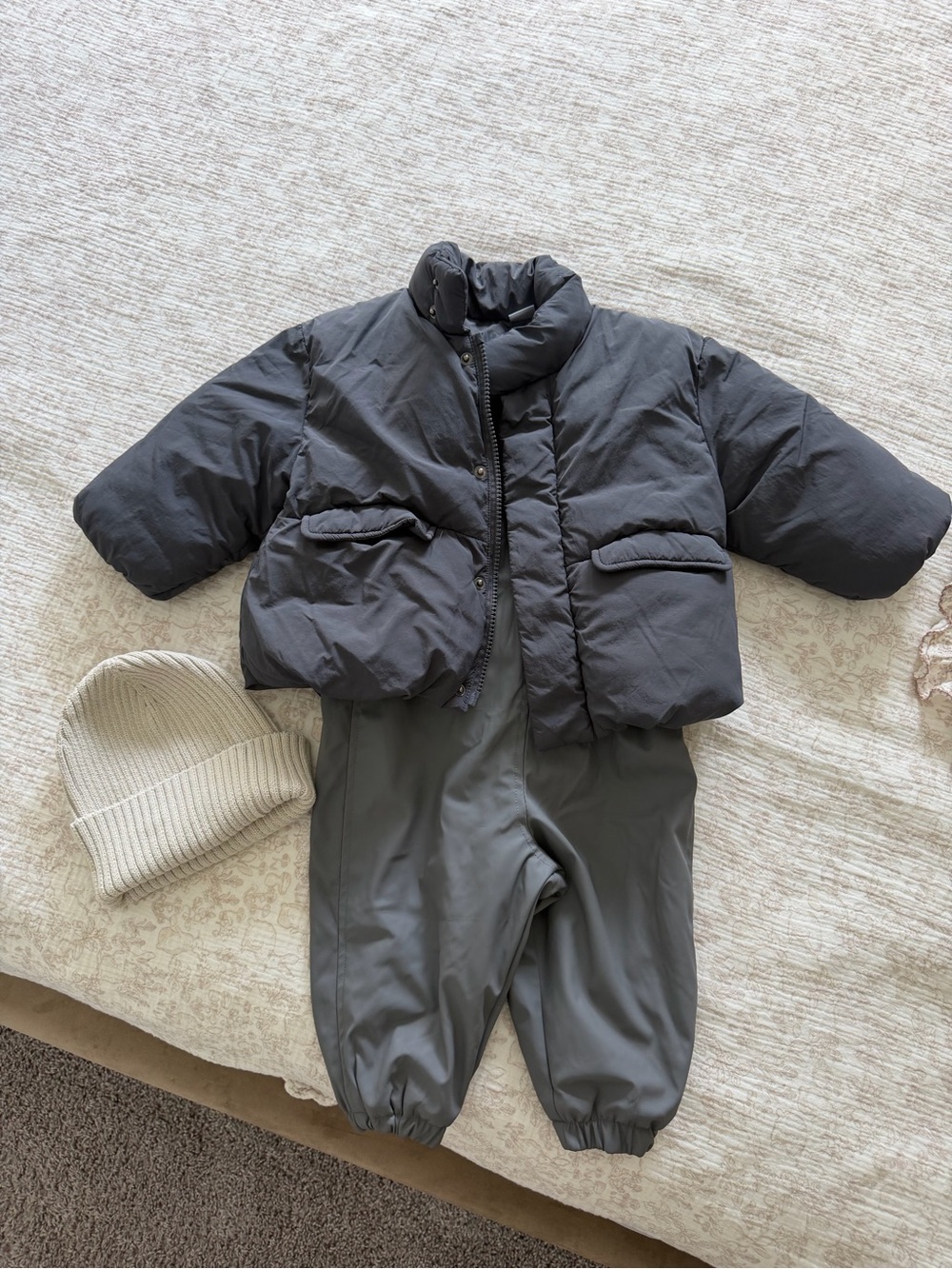 Zara winter set puffer jacket, fleece overalls, beanie